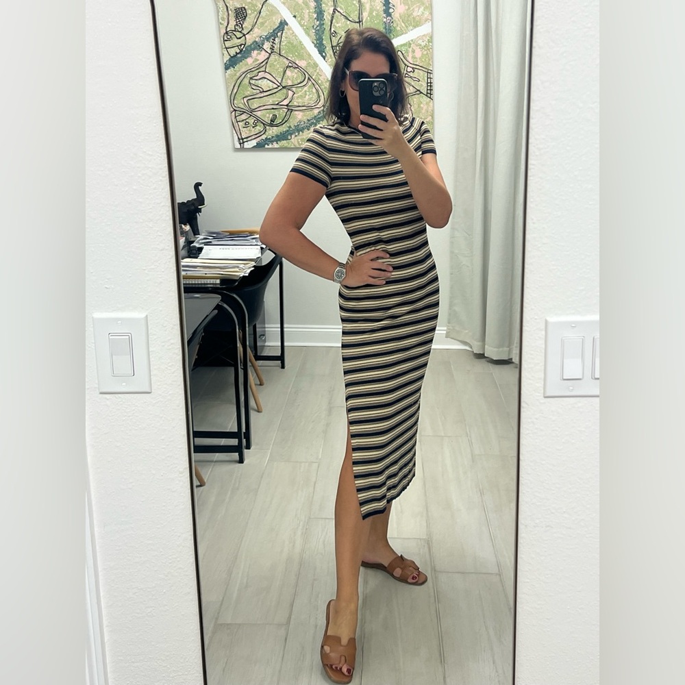 St. John Sport Midi bodycon knit dress cream blue tan Small